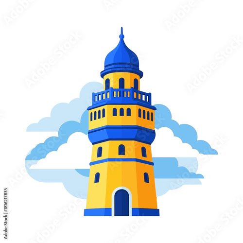 Whimsical depiction of a vibrant coastal tower illustration against a serene sky backdrop