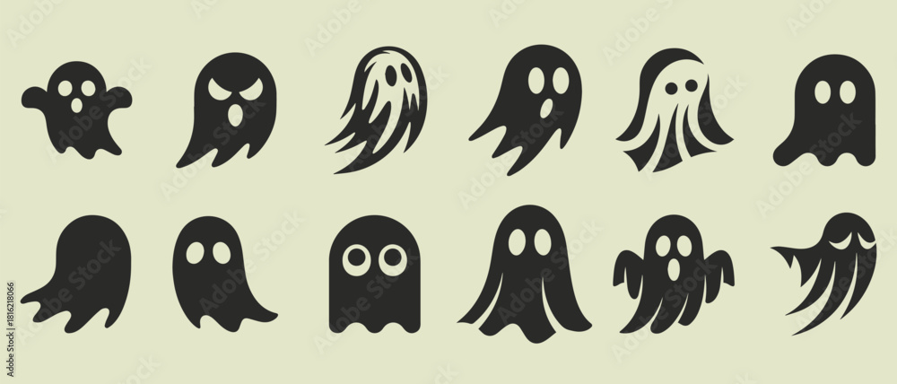 Fototapeta premium Collection of diverse black cartoon ghost silhouettes with expressive eyes and flowing forms on a pale background
