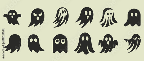 Collection of diverse black cartoon ghost silhouettes with expressive eyes and flowing forms on a pale background