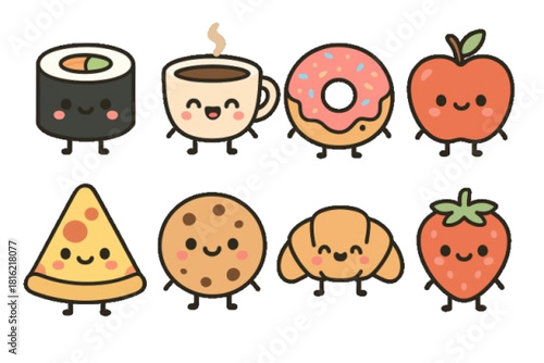 Adorable kawaii-style illustrations of various Japanese foods and drinks, including sushi, ramen, mochi, and bubble tea.
