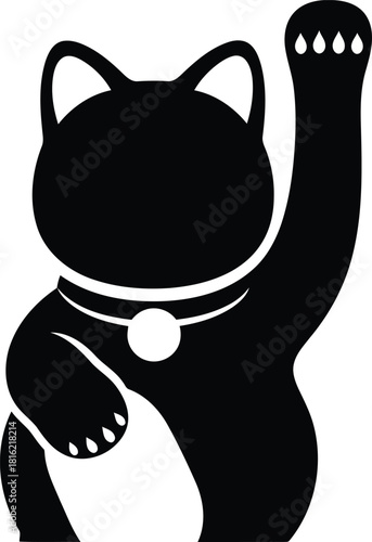 Black silhouette of a Maneki Neko cat with raised paw