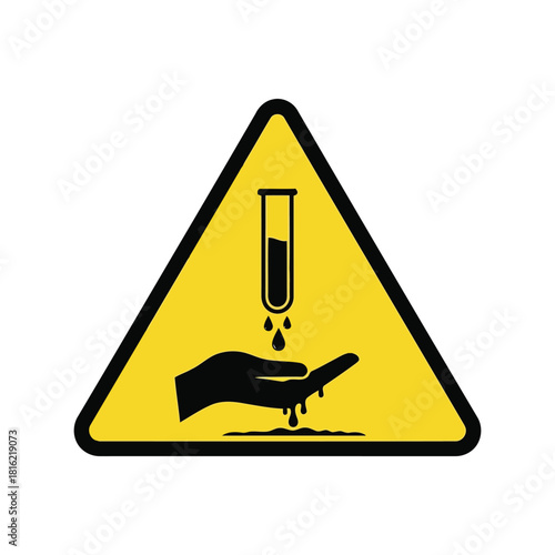 Corrosive hazard warning sign: chemical acid spill on hand, laboratory safety symbol Vector, illustration