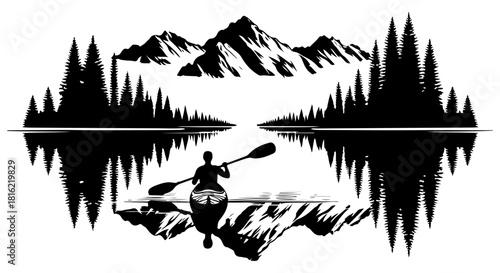 Serene silhouette of a kayaker in a circular lake scene with pine trees and rugged mountains, reflecting tranquility and adventure. Ideal for nature, outdoor, and adventure branding