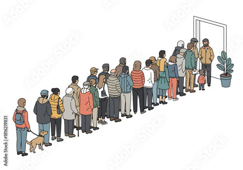 Diverse People Waiting in Queue Illustration - Modern Flat Vector Crowd - Social Distancing Line