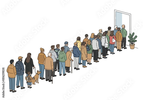 Diverse People Waiting in Queue Illustration - Modern Flat Vector Crowd - Social Distancing Line