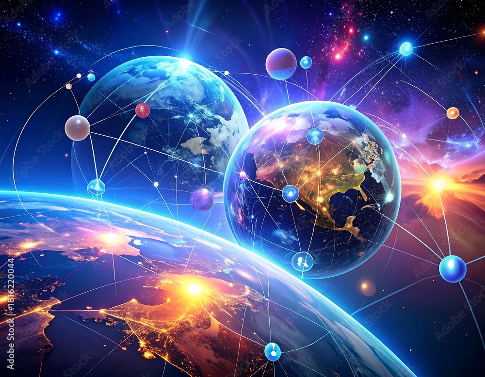 Fototapeta premium Vibrant celestial spheres connected by lines against a cosmic backdrop