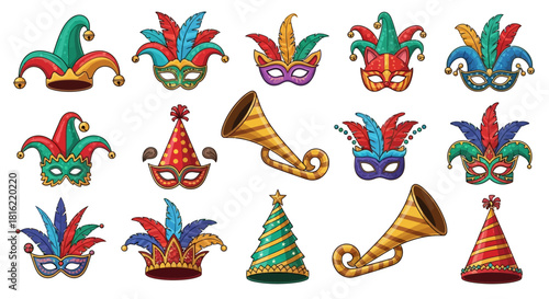 Carnival and Festive Celebration Set Masks, Hats, and Horns for Joyful Occasions