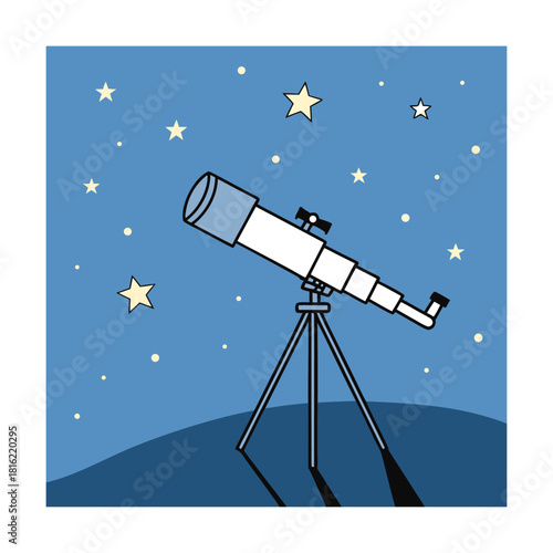 Illustration of a telescope pointing towards a starry night sky, perfect for astronomy enthusiasts and stargazers, capturing the wonder of space exploration and celestial observation