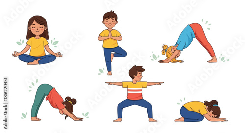 Cheerful children practicing various yoga poses, promoting healthy habits and mindful movement for well-being and growth