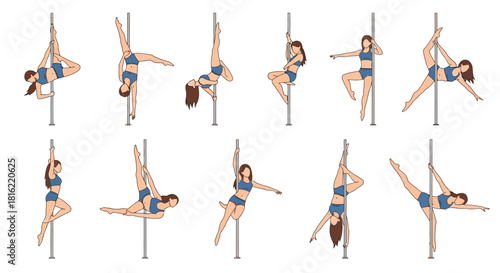 Pole Dance Poses A Vector Illustration Set of Women Performing Various Acrobatics on a Pole