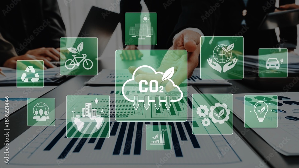 Naklejka premium A conceptual image showcasing various graphics related to environmental impact, carbon offset, and sustainable practices for a greener future in business strategies. Raster