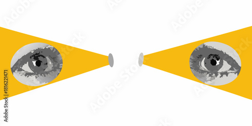 Abstract eyes with yellow beams on white background illustration