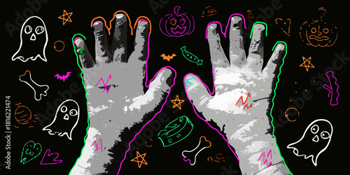 Halloween mummy hands with ghosts pumpkins and candy on black background