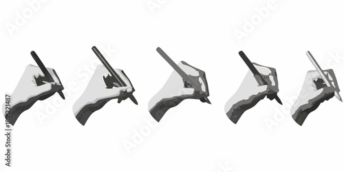 Five hands holding pens in grayscale on a white background
