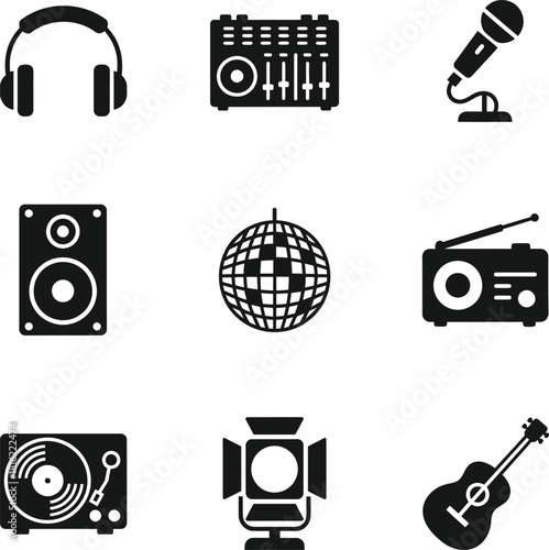 A collection of black and white icons representing various music, audio, and entertainment equipment and instruments.