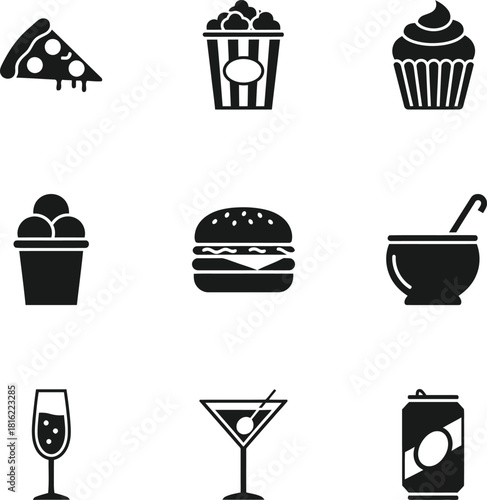 A collection of black and white icons representing various food and drink items like pizza, popcorn, cupcake, ice cream, hamburger, soup, champagne, martini, and soda.