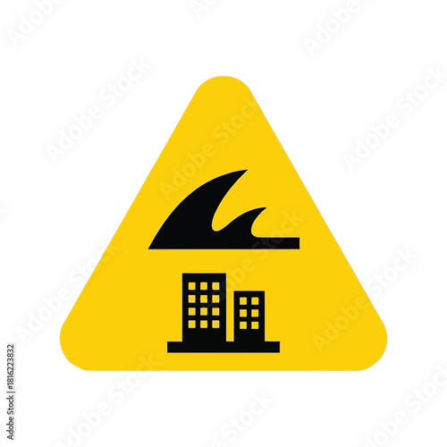 Tsunami warning sign with buildings. natural disaster hazard alert symbol. emergency safety icon. Vector, illustration