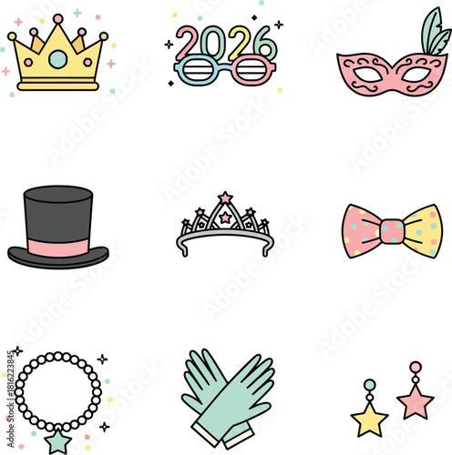 Collection of colorful party and costume accessories including crowns, hats, masks, and jewelry, with a festive and celebratory theme.