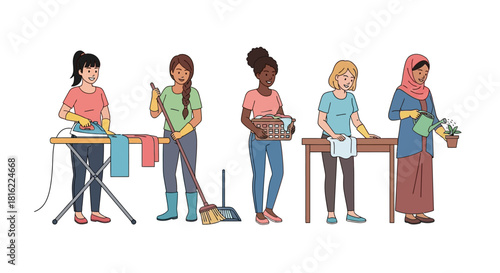 Diverse Group of Women Performing Household Chores Cleaning, Ironing, and Gardening Illustration