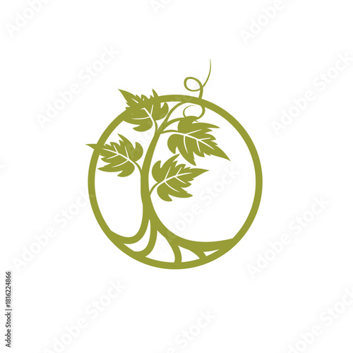 A stylized olive green tree with leaves and a curly tendril inside a circle isolated on for logo or icon design purposes