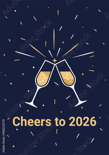Cheers to 2026 New Years Eve Toast with Champagne Flutes Confetti Sparkles Dark Blue Gold Minimalist Celebration Graphic