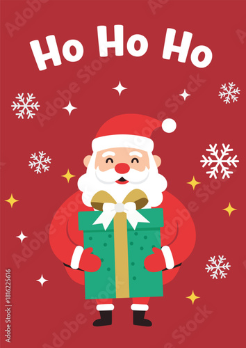 Cute cartoon Santa Claus holding green Christmas gift box with gold ribbon on red background with snowflakes and stars Ho Ho Ho holiday illustration