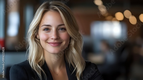 Wallpaper Mural Young blonde businesswoman with warm smile in professional setting, soft bokeh background creates elegant corporate atmosphere for marketing materials. Torontodigital.ca