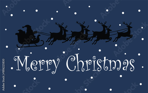 Santa Claus silhouette sleigh pulled by reindeer flying in snowy dark blue night sky with Merry Christmas greeting