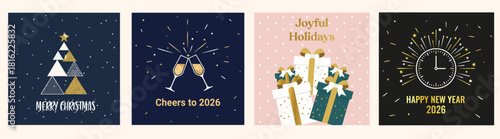 Merry Christmas abstract tree design Joyful Holidays presents Cheers to 2026 champagne toast and Happy New Year 2026 clock graphics set