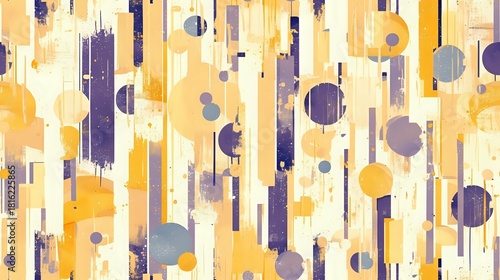 Abstract geometric pattern with yellow and purple vertical stripes and circles on light background, creating modern artistic composition.