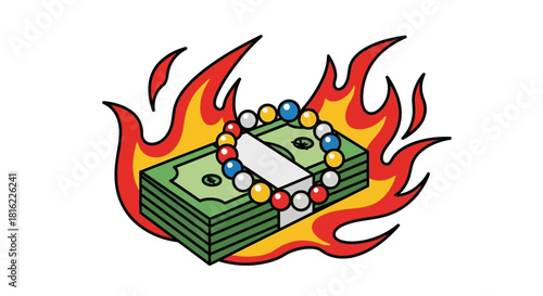 Flaming currency stack embellished with bead string offering a unique monetary concept