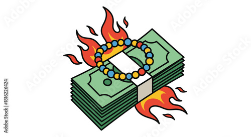 Burning wealth: A visual representation of squandering resources with extravagant jewelry purchases