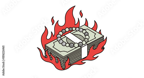 Symbolic representation of fleeting wealth, burning through a stack of cash concept illustration
