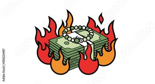 Burning money with a beaded bracelet showcasing extravagant spending habits of luxury