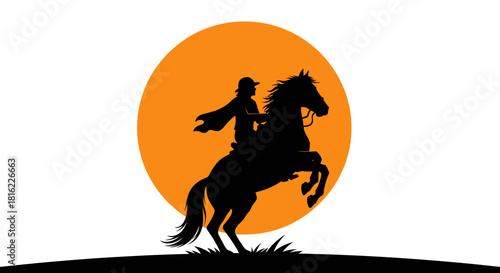 Equestrian silhouette against blazing sun representing freedom and frontier spirit