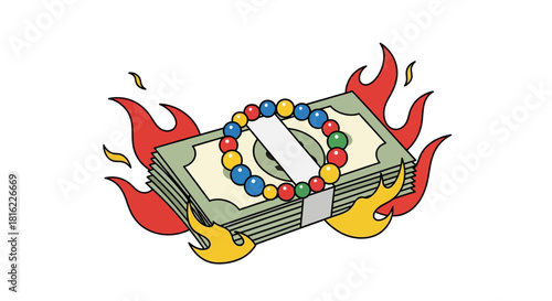 Burning money with childlike jewelry, illustrating risky investments and financial loss