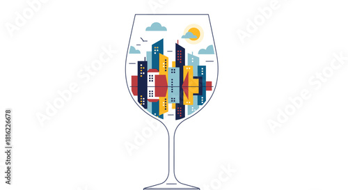 Urban Reflections: Cityscape encapsulated within a stylized wine glass visual harmony