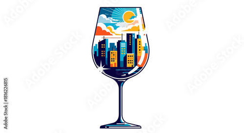 Cityscape Reflection: Modern Architecture and Urban Life Encapsulated in a Wine Glass