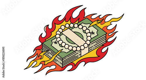 Stylized money illustration symbolizing financial risk and extravagance with flame effects and