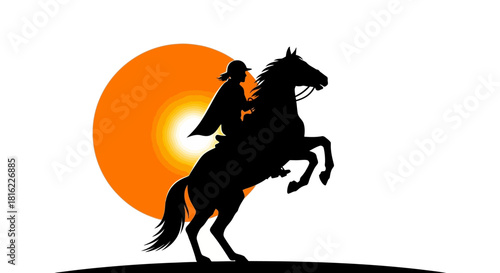 Silhouette of a rider and horse against a vibrant setting sun offers a symbolic image