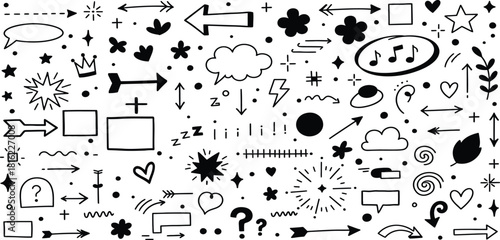 Hand drawn doodle elements arrows hearts stars and other sketchy design accents