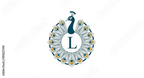 Elegant peacock logo design with letter L incorporating detailed feather pattern