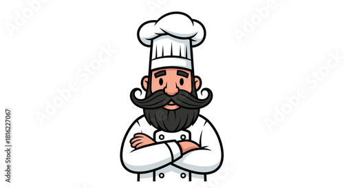 Cartoon chef with beard and mustache in uniform standing confidently looking forward