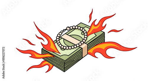 Burning money with childlike jewelry, illustrating risky investments and financial loss