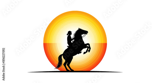 Silhouette of a equestrian rider raising up on horseback against yellow circle background