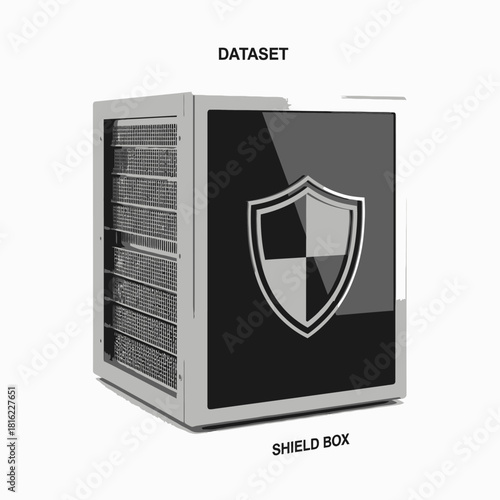 Isolated server unit with a prominent security shield emblem, illustrating the concept of data protection and cybersecurity for a secure dataset