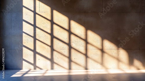 Sunlight streams through a window, casting a grid of diamond-shaped shadows onto a rough concrete wall and floor.