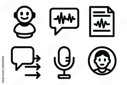 Bold Voice Icons. AI Voice Call silhouette icon set: voice assistant, waveform bubble, transcription icon, smart reply, speech recognition mic, digital avatar