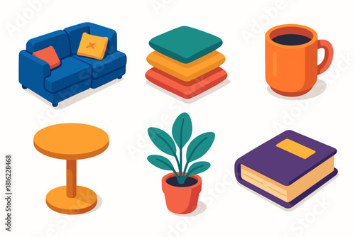 Cozy Living Icons. Cozy Living Arrangement flat icons set. sectional couch, cushion stack, mug, side table, plant, book