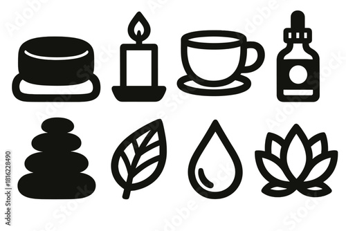 Brutalist Mindfulness Icons. Mindfulness Set silhouette icon set: meditation cushion, candle, tea cup, essential oil, stone stack, leaf, water drop, lotus